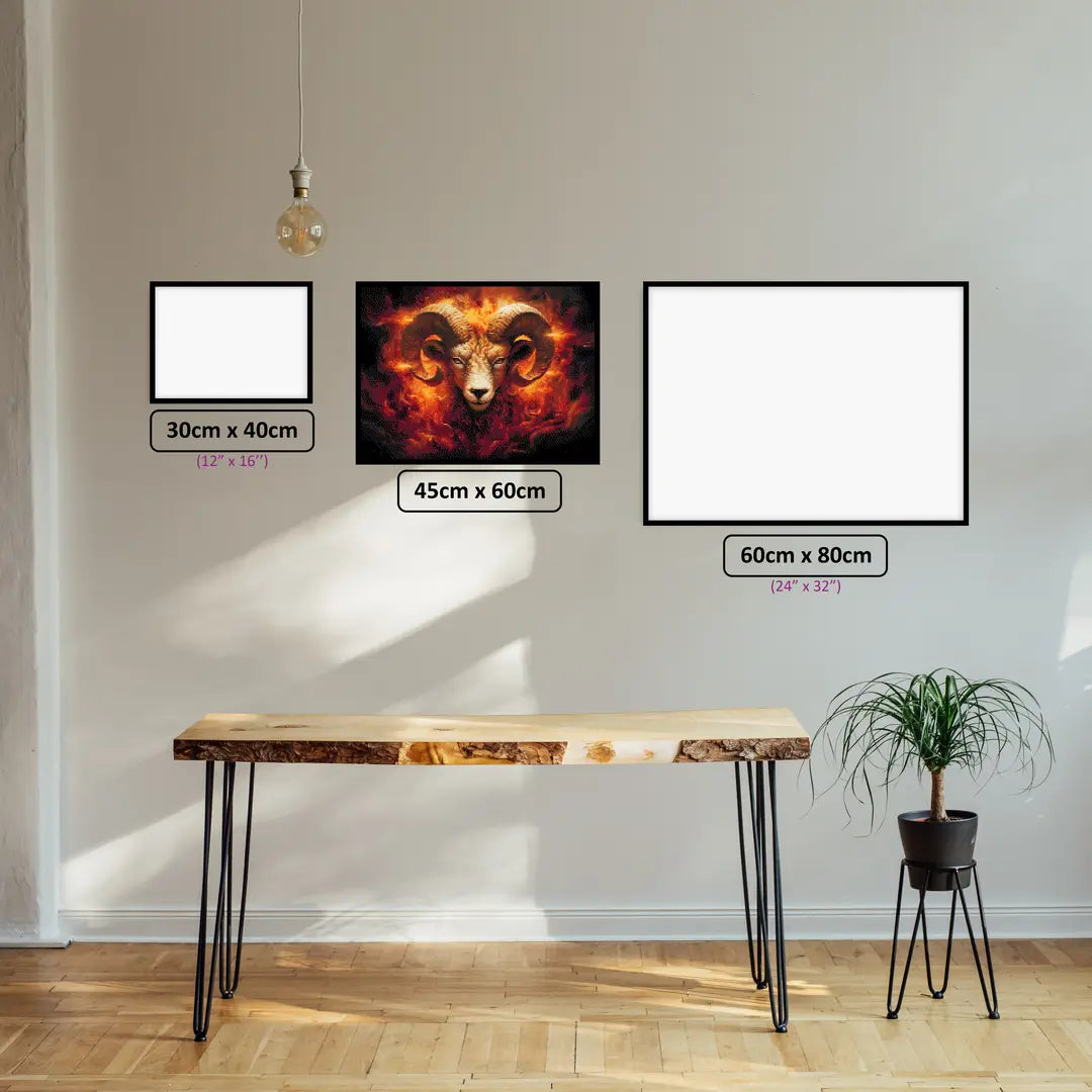 Aries' Fiery Spirit diamond painting displayed in a room setting