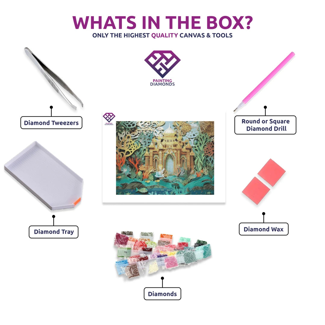 Atlantis diamond painting kit contents shown together