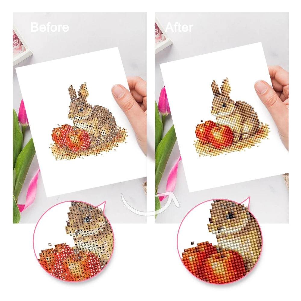 Before and after view of a Autumn Woodland Friends mini diamond painting design