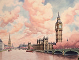 tall ornate clock tower beside a large Gothic-style building in illustrated cityscape