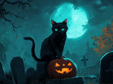 Seated black cat with bright turquoise eyes and a curled tail