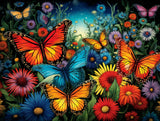 Colourful butterflies Butterflies shown with wings spread among flowers in illustrated floral scene
