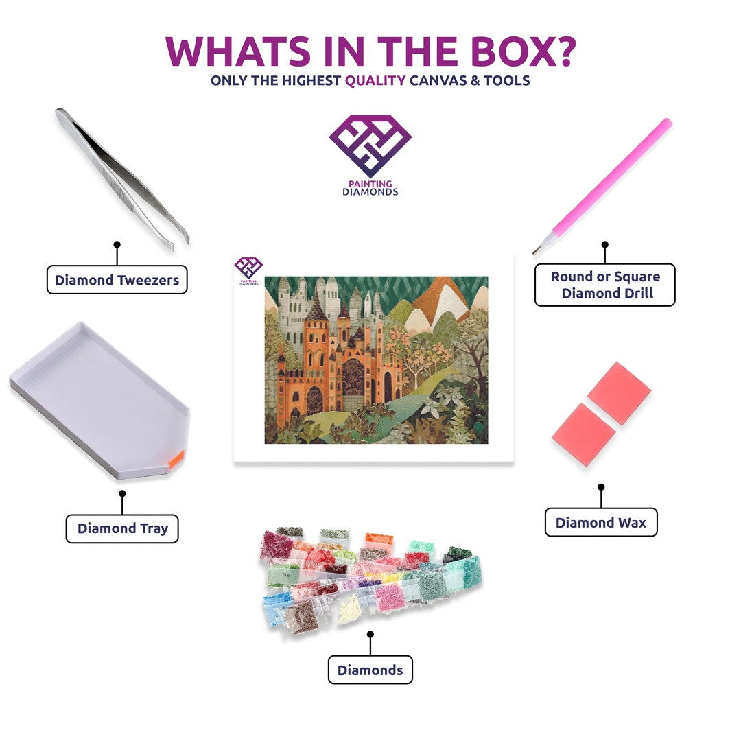 Camelot diamond painting kit contents shown together