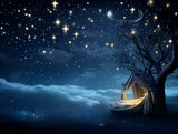 Curtained bed beneath a leafless tree in a dark blue moonlit scene