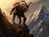 Goat-headed fantasy figure carrying a backpack across rocky mountains