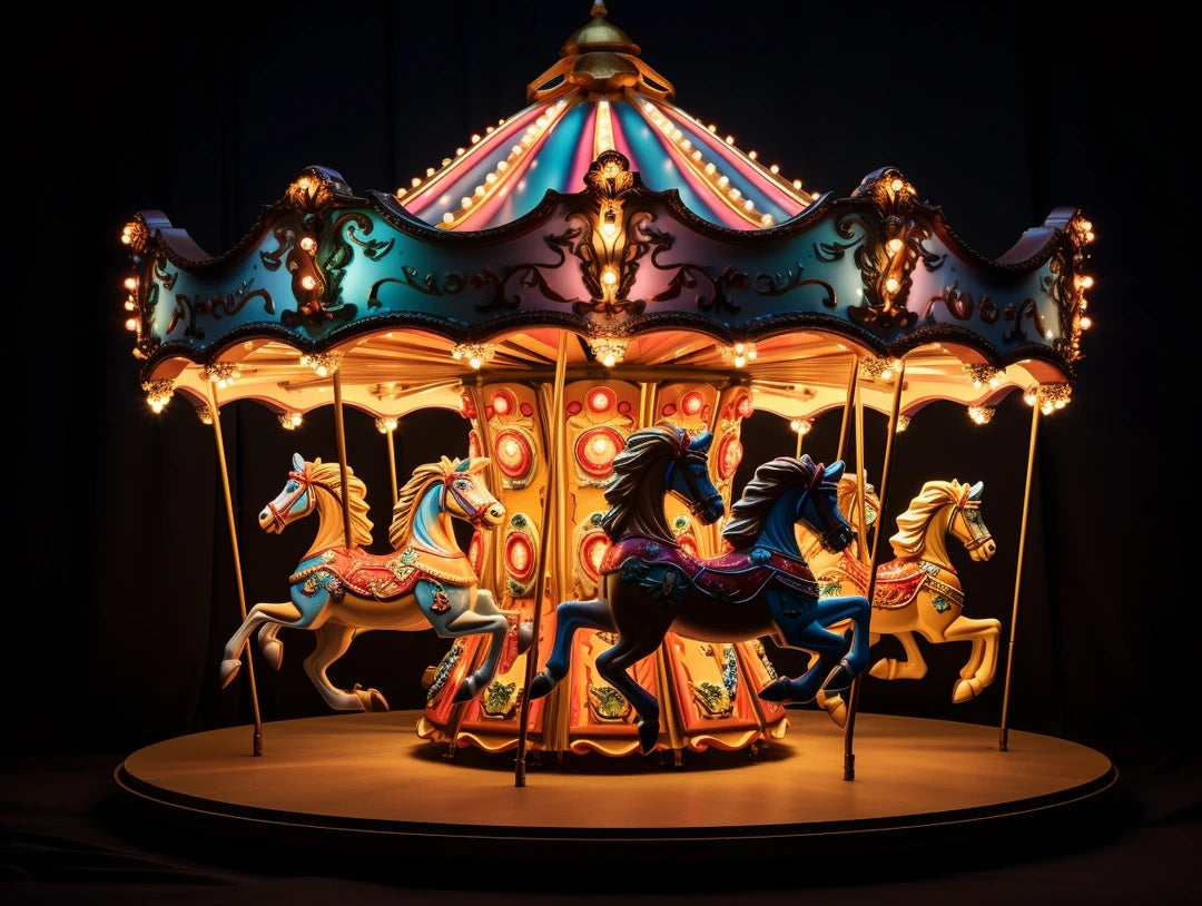 ornate carousel horse figures are posed with raised or extended legs in controlled display environment