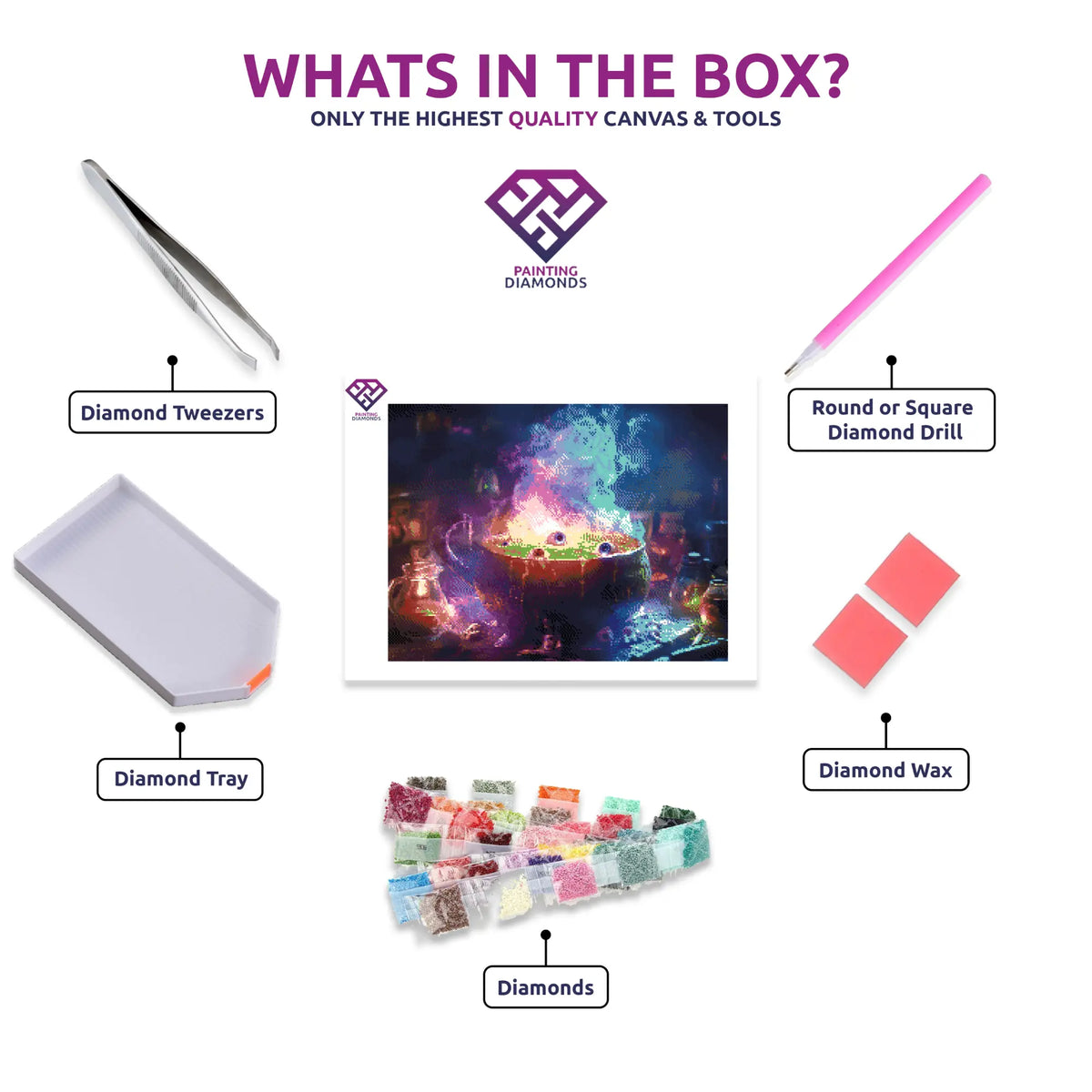 Cauldron of Spells diamond painting kit contents shown together