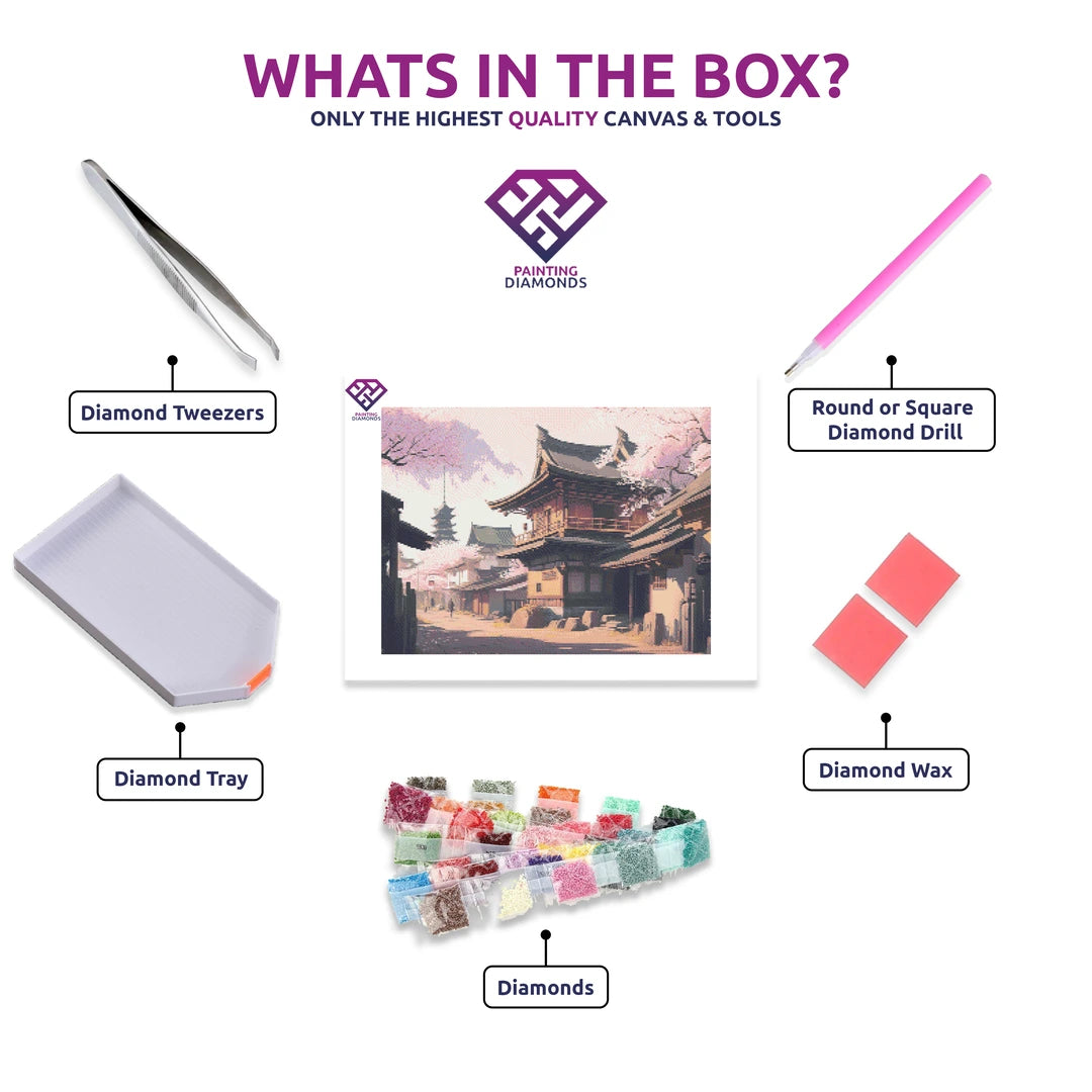 Cherry Blossoms diamond painting kit contents shown together