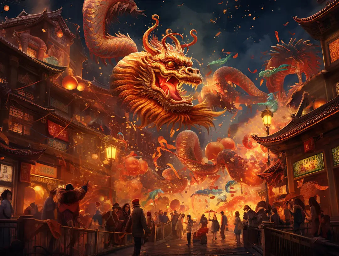 Curving red and golden dragon above people in a lantern-lit street