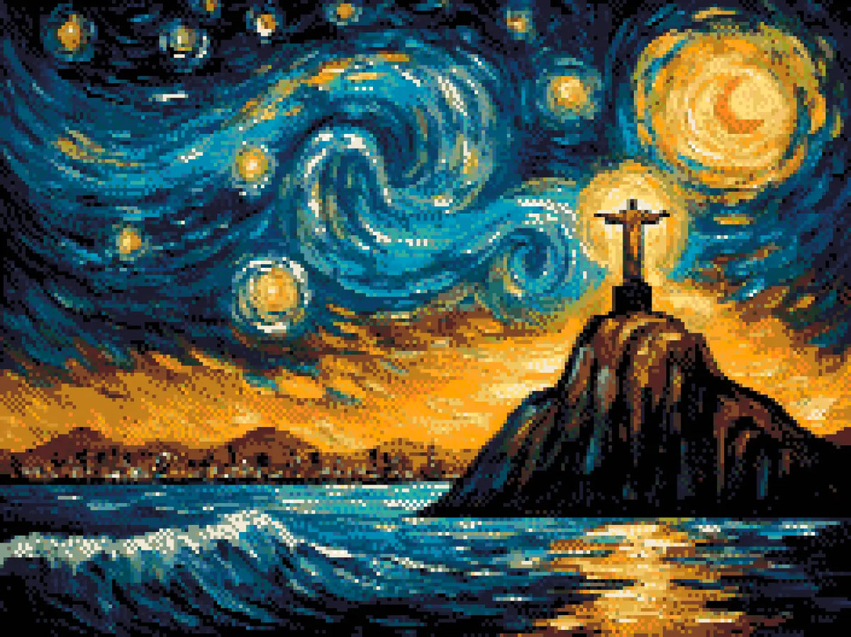 Christ the Redeemer artwork shown as a completed diamond painting preview
