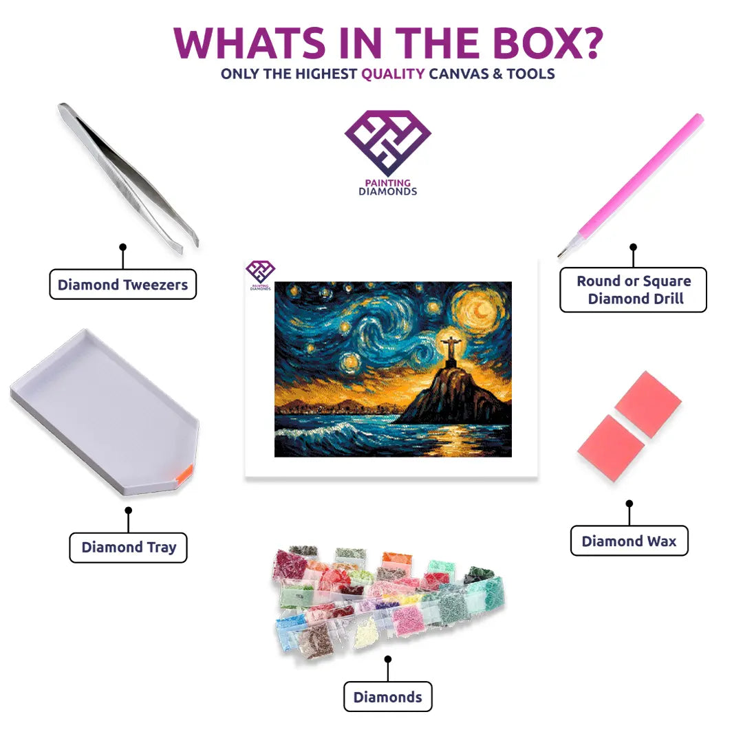 Christ the Redeemer diamond painting kit contents shown together
