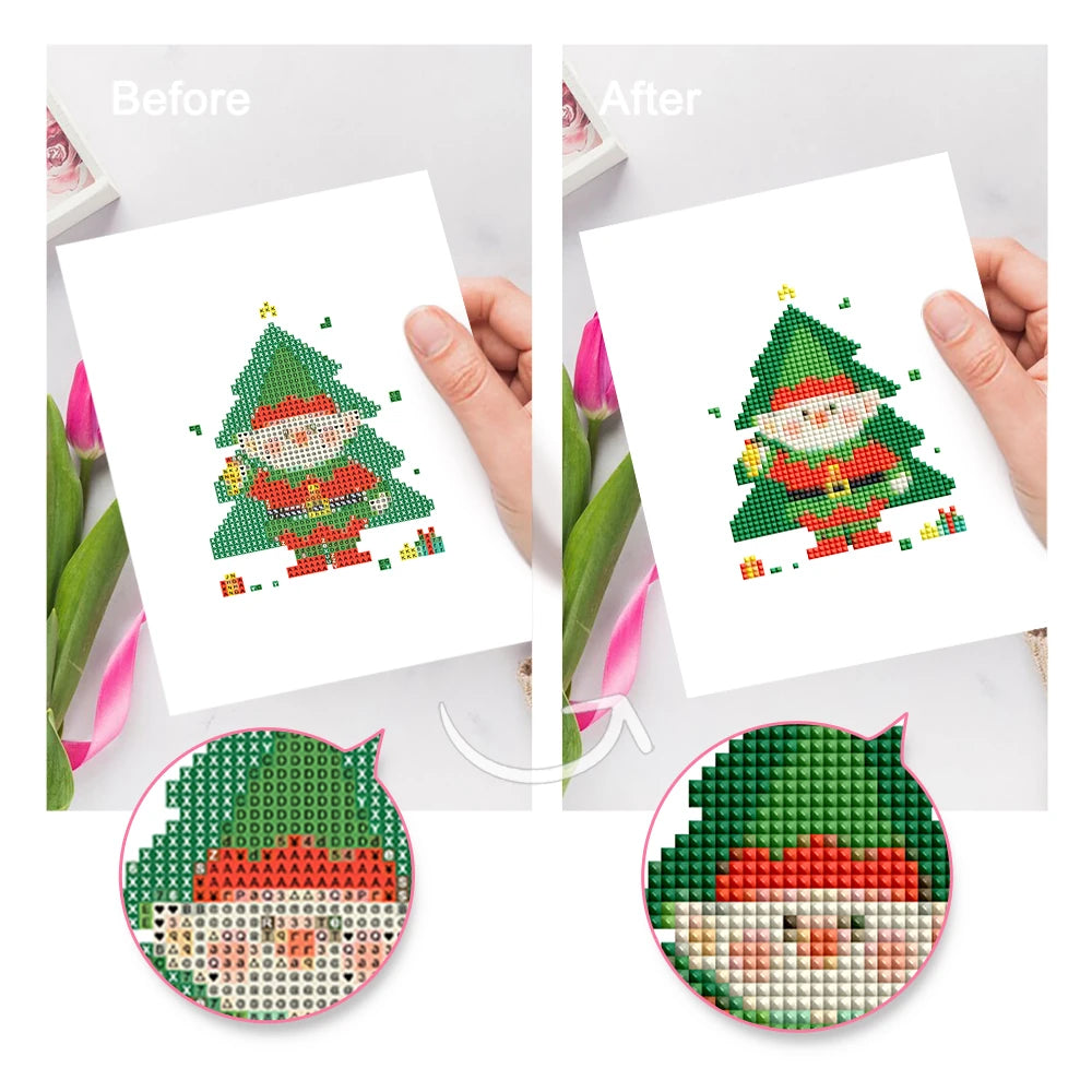 Before and after view of a Christmas Tree Characters mini diamond painting design