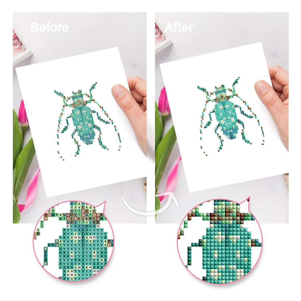 Before and after view of a Colourful Beetles mini diamond painting design