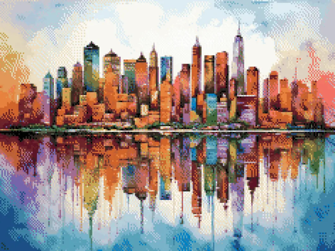 Colourful Cityscape artwork shown as a completed diamond painting preview