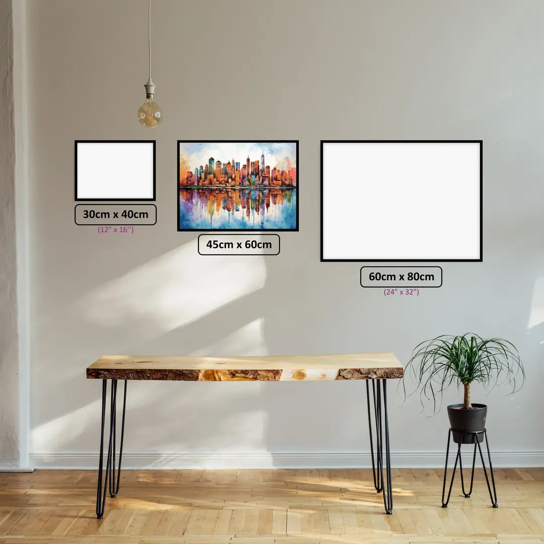 Colourful Cityscape diamond painting displayed in a room setting
