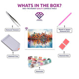 Colourful Cityscape diamond painting kit contents shown together