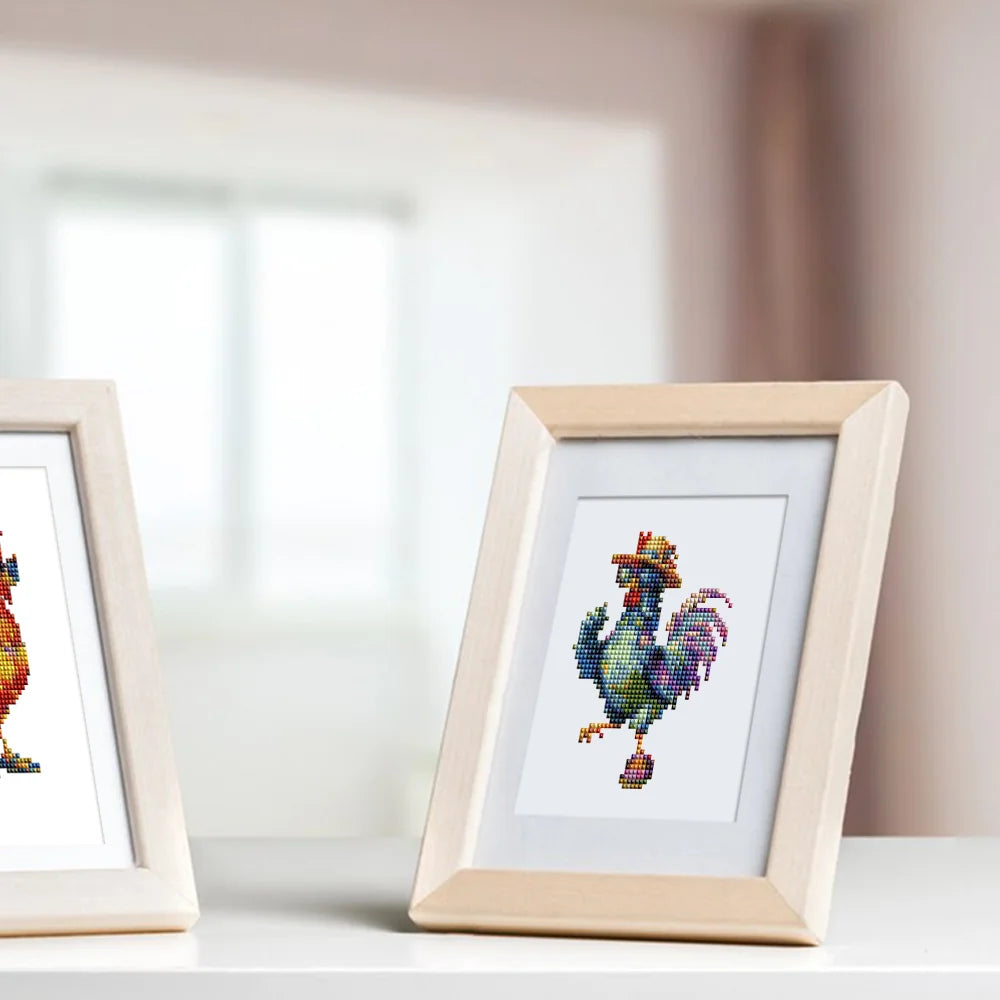 Framed Colourful Roosters mini diamond painting artwork presented as finished decor