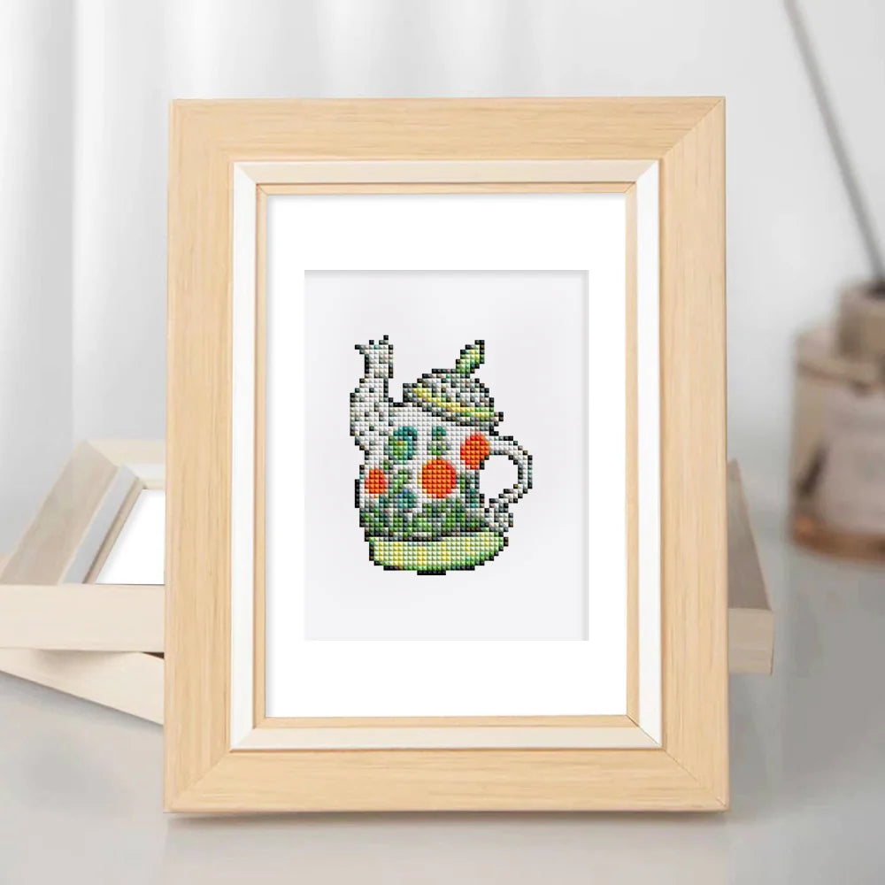 Framed Colourful Teapots mini diamond painting artwork displayed in a styled setting