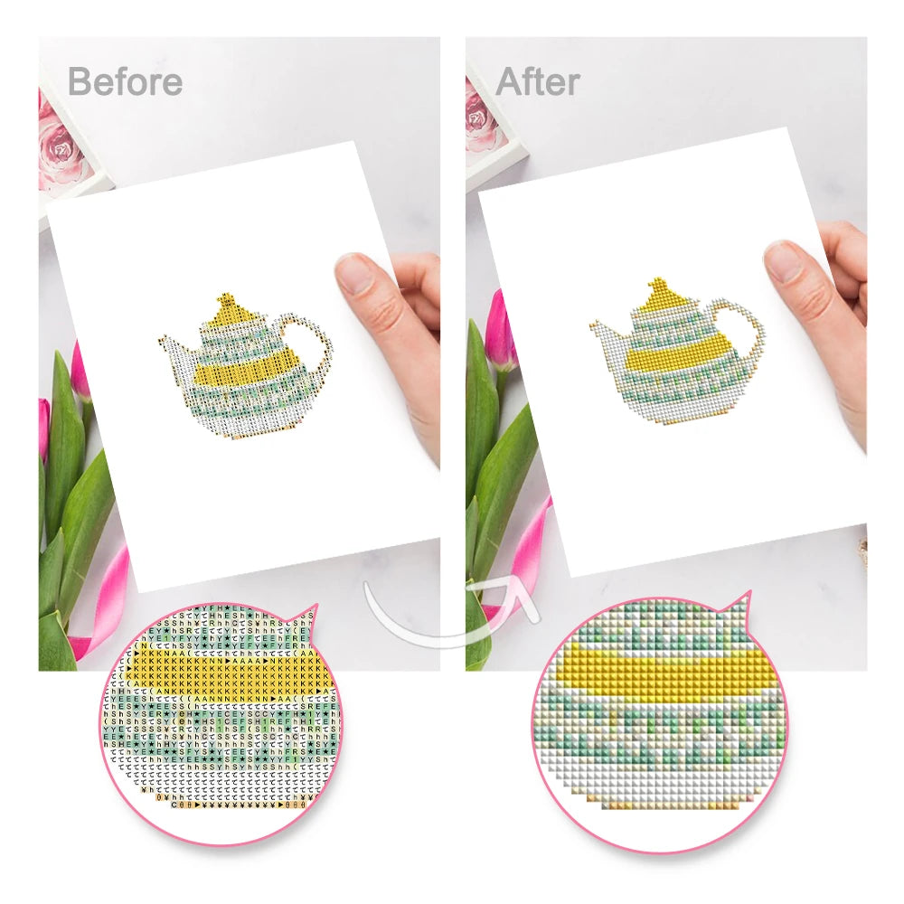 Before and after view of a Colourful Teapots mini diamond painting design