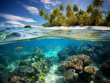 Split-level view of a palm-lined shoreline and underwater coral reef Fish are swimming