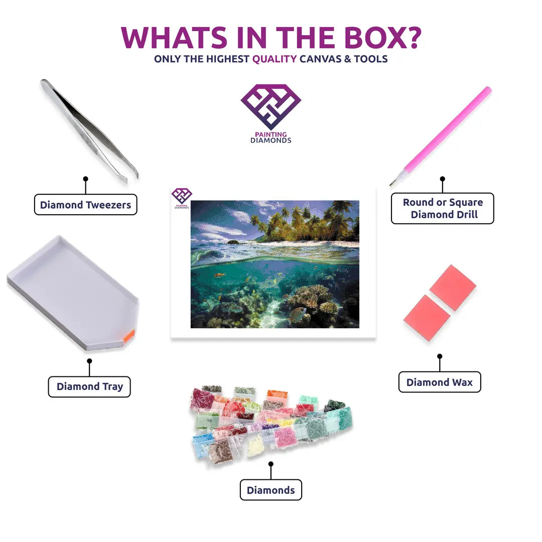 Coral Haven diamond painting canvas with tweezers, applicator pen, tray, wax and coloured drills