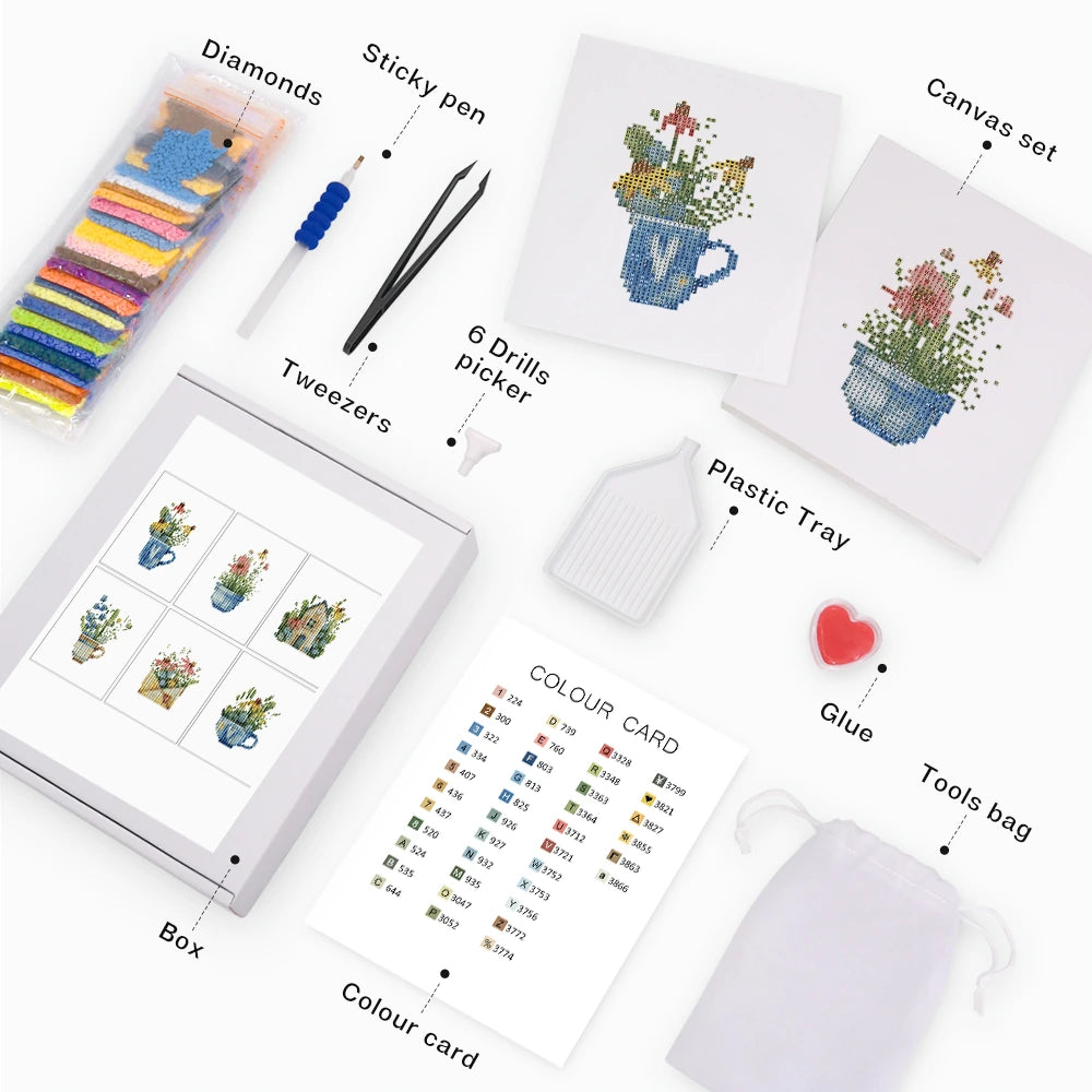Cottage Garden Teacups Mini Diamond Painting Set – 6 Pack