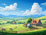 Illustrated pastoral countryside with a farmhouse and grazing cattle in open countryside surrounding a farmhouse