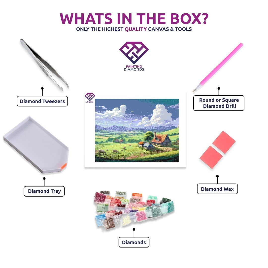 Countryside Charm diamond painting canvas with tweezers, applicator pen, tray, wax and coloured drills