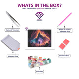 Crystal Cave diamond painting kit contents shown together