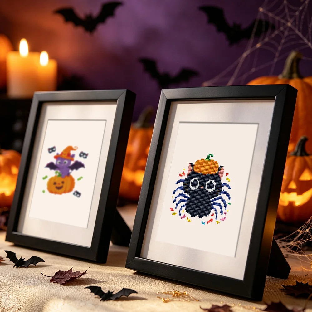 Completed Cute Halloween Monsters mini diamond painting shown as framed decor