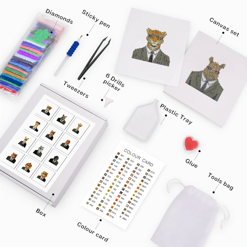 Dapper Animal Gentlemen Mini Diamond Painting Set – 12 Pack