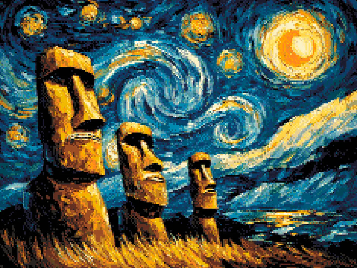 Easter Island Legends artwork shown as a completed diamond painting preview