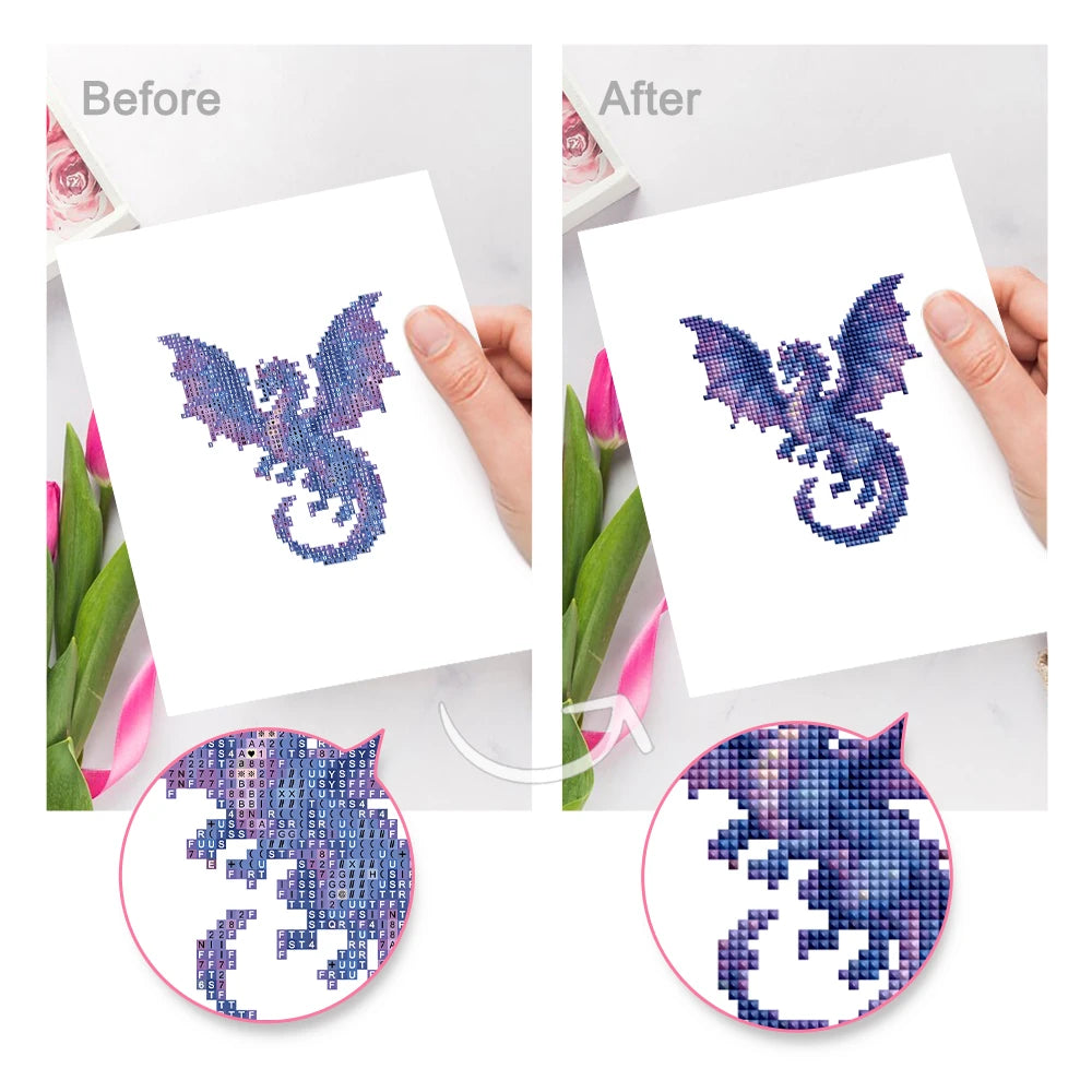 Before and after view of a Enchanted Blue Fantasy mini diamond painting design