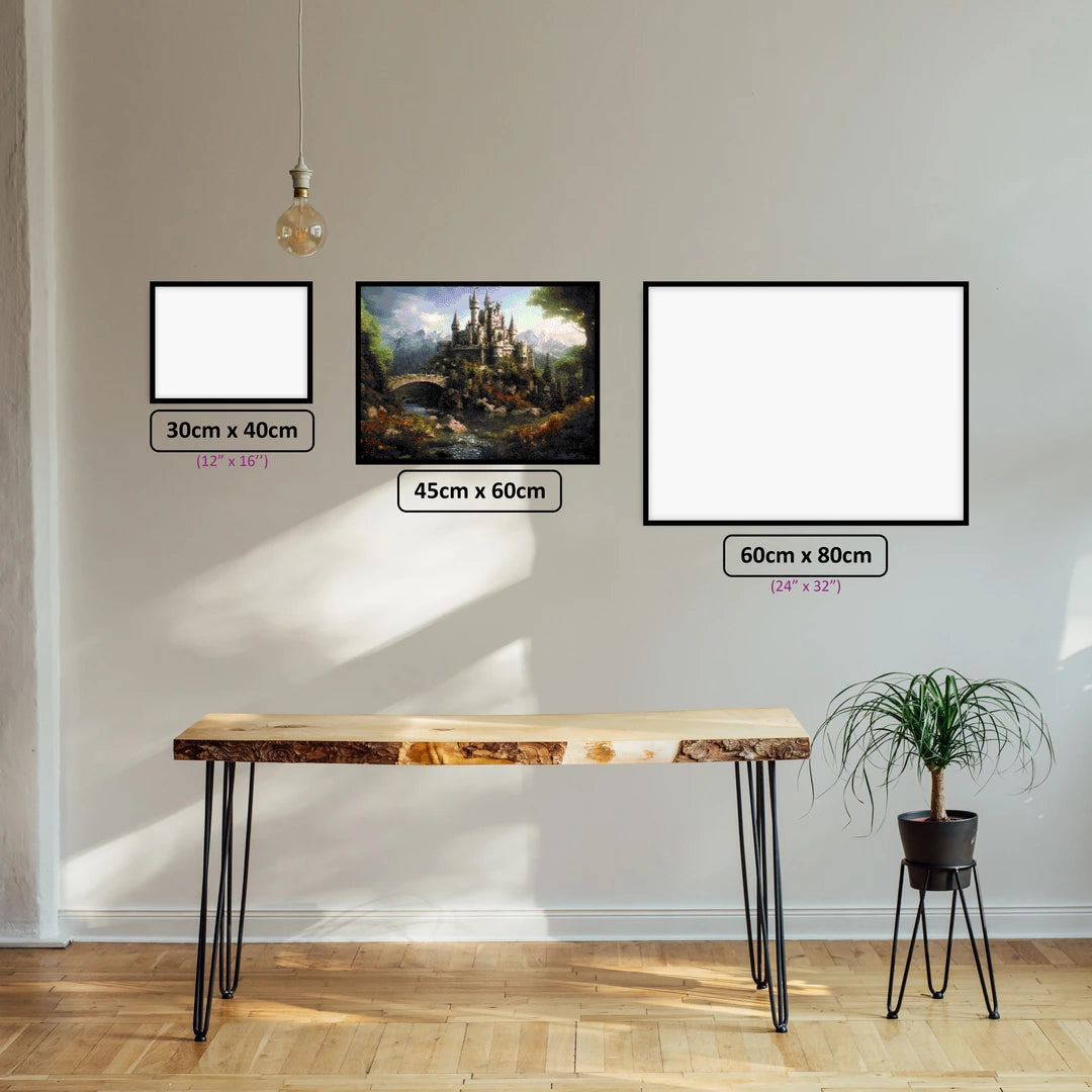 Enchanting Hilltop Castle diamond painting displayed in a room setting
