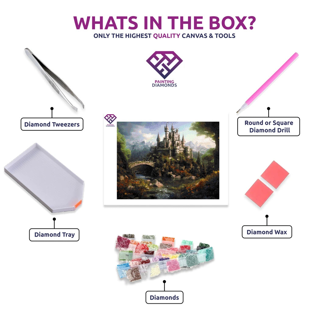 Enchanting Hilltop Castle diamond painting kit contents shown together