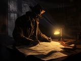 Shadowed figure wearing a wide-brimmed top hat and dark overcoat in shadowy, old-fashioned study or library-like room