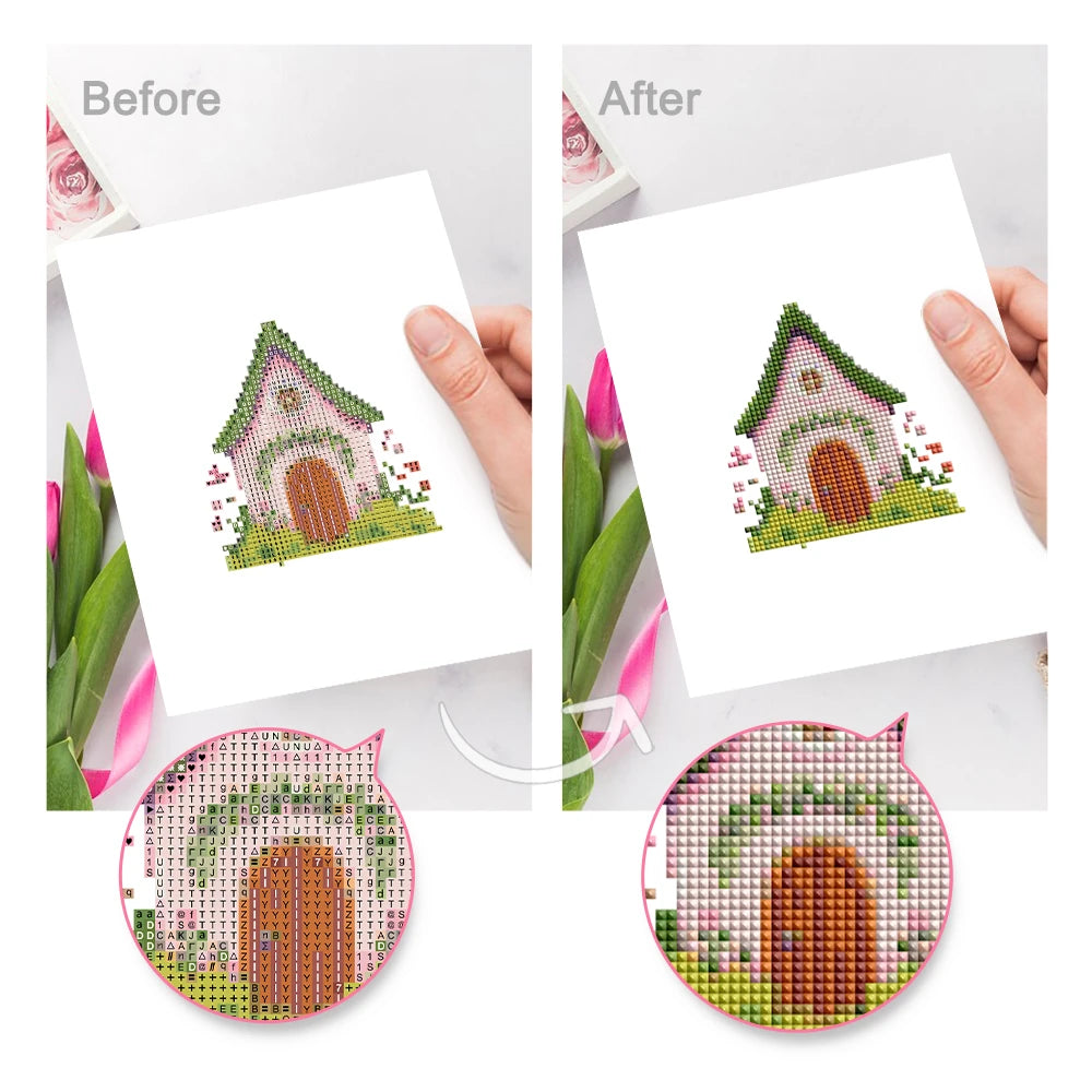 Before and after view of a Fairy Garden Cottages mini diamond painting design