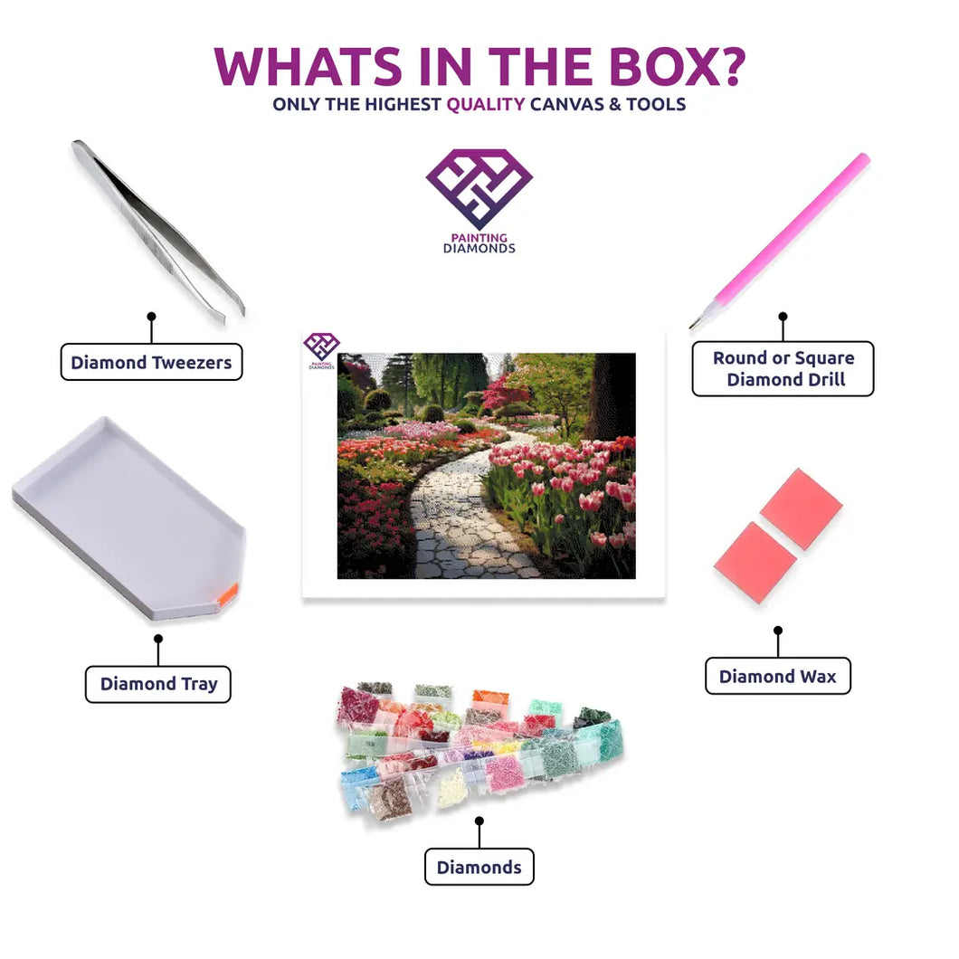 Garden Bloom diamond painting canvas with tweezers, applicator pen, tray, wax and coloured drills