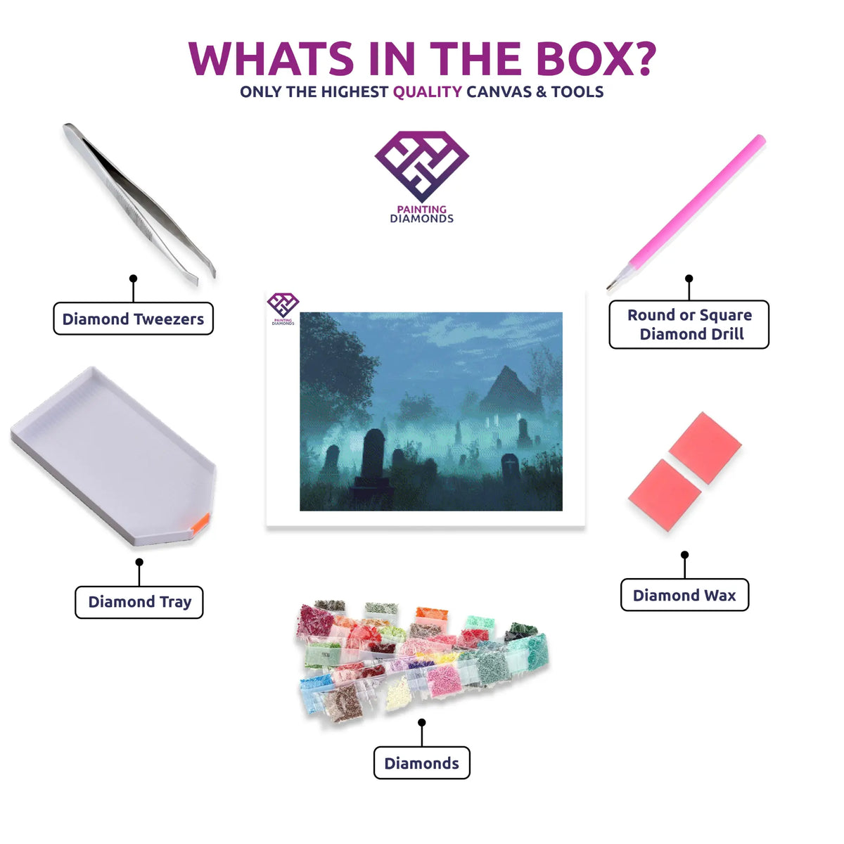 Ghostly Graveyard Mist diamond painting kit contents shown together