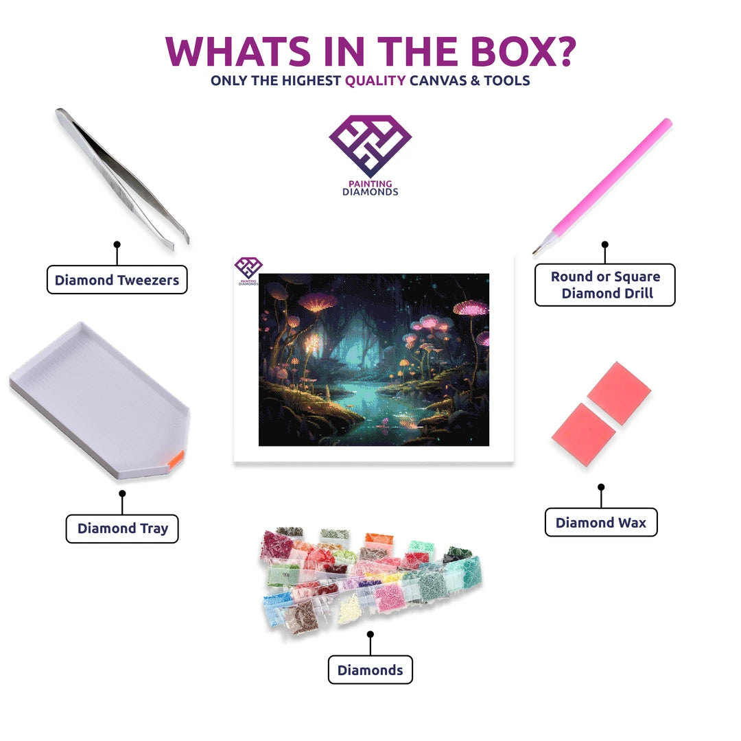 Glowing Haven diamond painting kit contents shown together