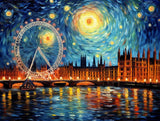 large illuminated observation wheel beside a river in nighttime waterfront