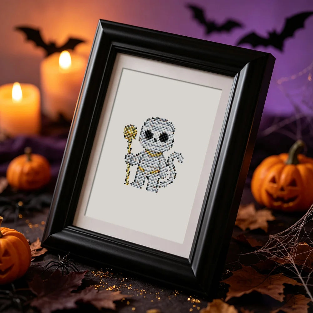 Framed Halloween Monster Friends mini diamond painting artwork displayed in a styled setting