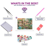 Hanging Gardens of Babylon diamond painting kit contents shown together