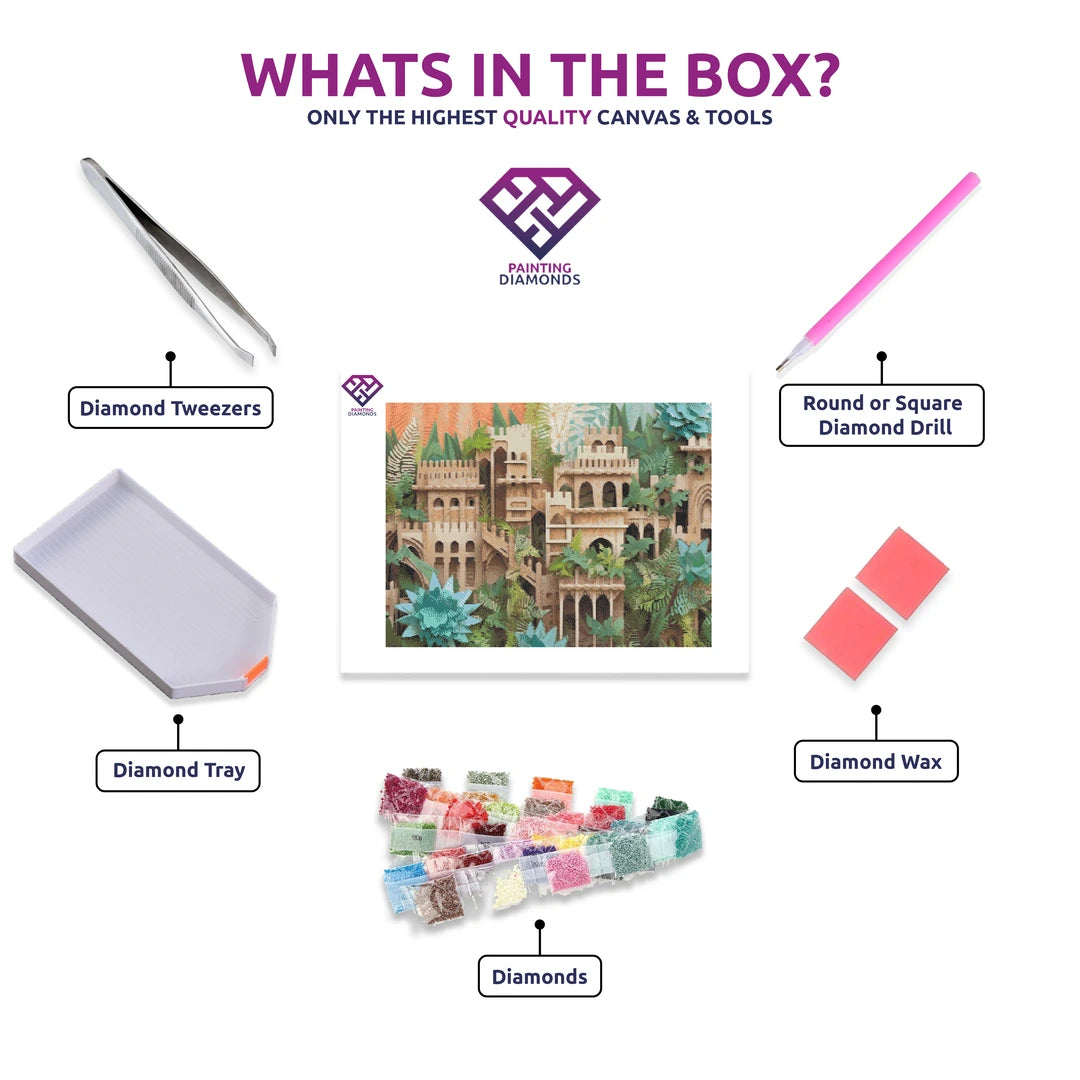 Hanging Gardens of Babylon diamond painting kit contents shown together