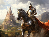 Armoured knight on a dark horse overlooking a hilltop castle, green valley and mountains beneath dramatic clouds