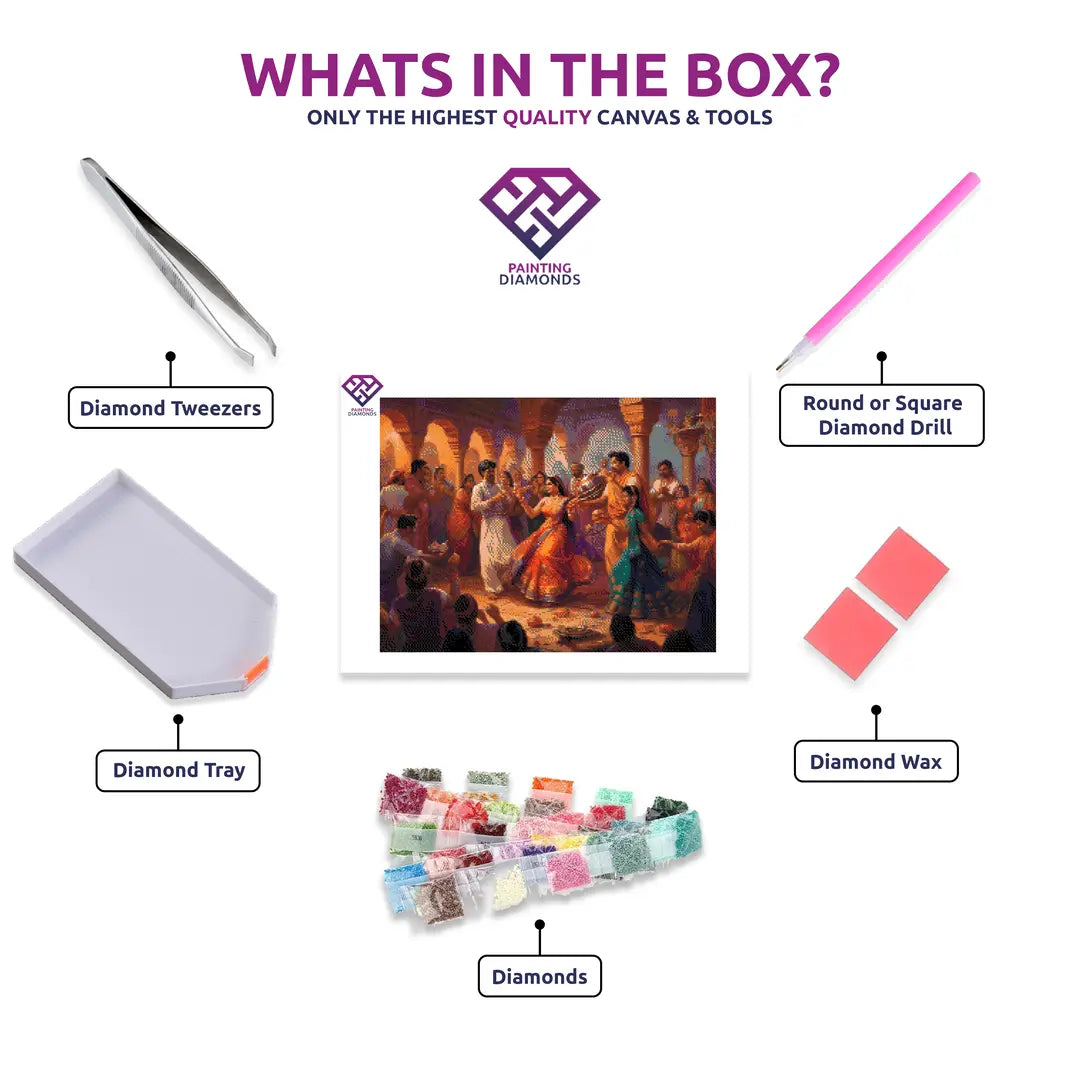 Indian Festival diamond painting kit contents shown together