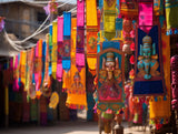 Colourful hanging fabric panels with ornate illustrated figures along a narrow walkway