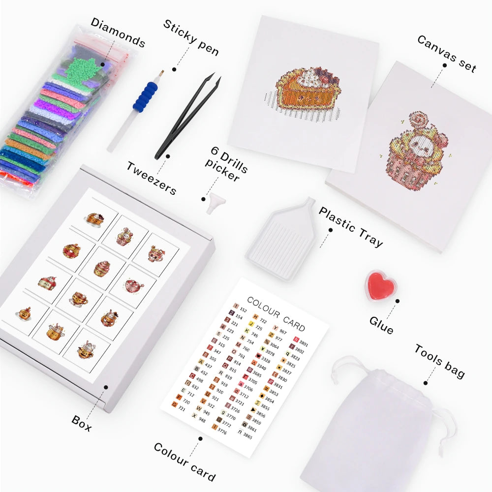 Kawaii Cakes & Desserts Mini Diamond Painting Set – 12 Pack