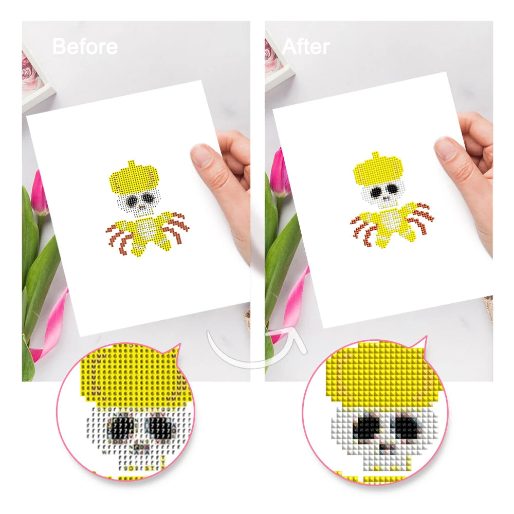 Before and after view of a Kawaii Halloween Creatures mini diamond painting design