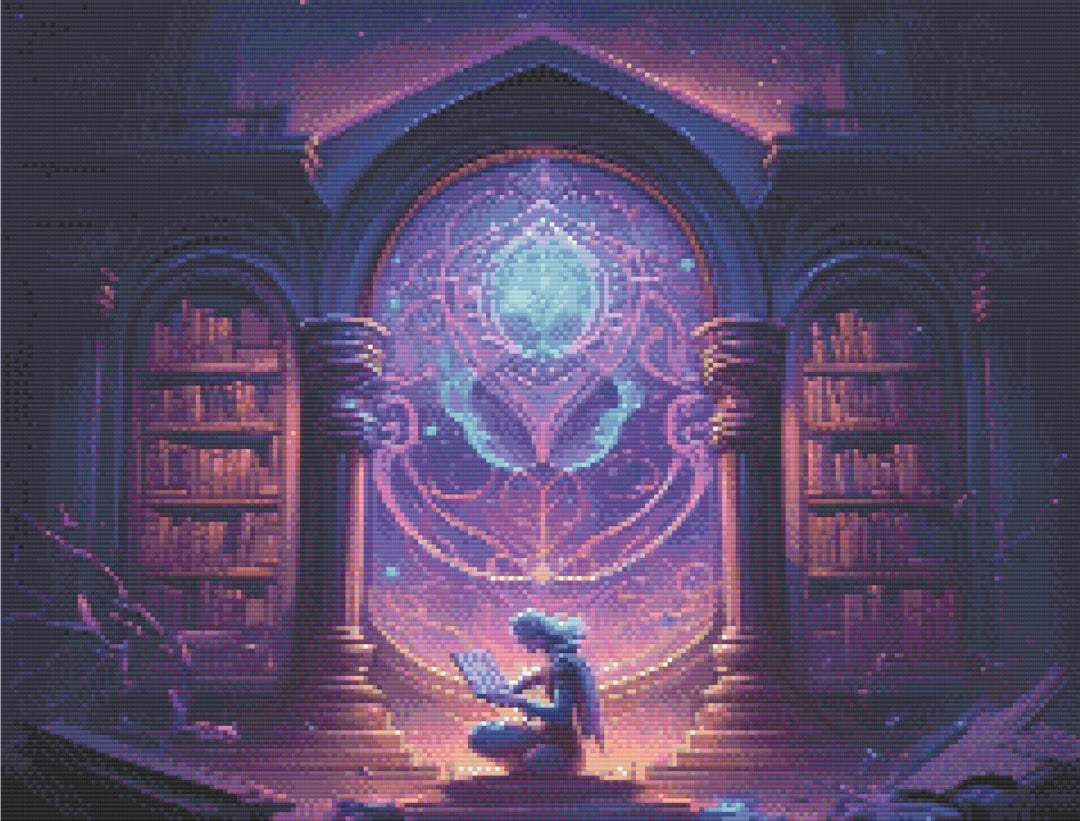 Knowledge artwork shown as a completed diamond painting preview